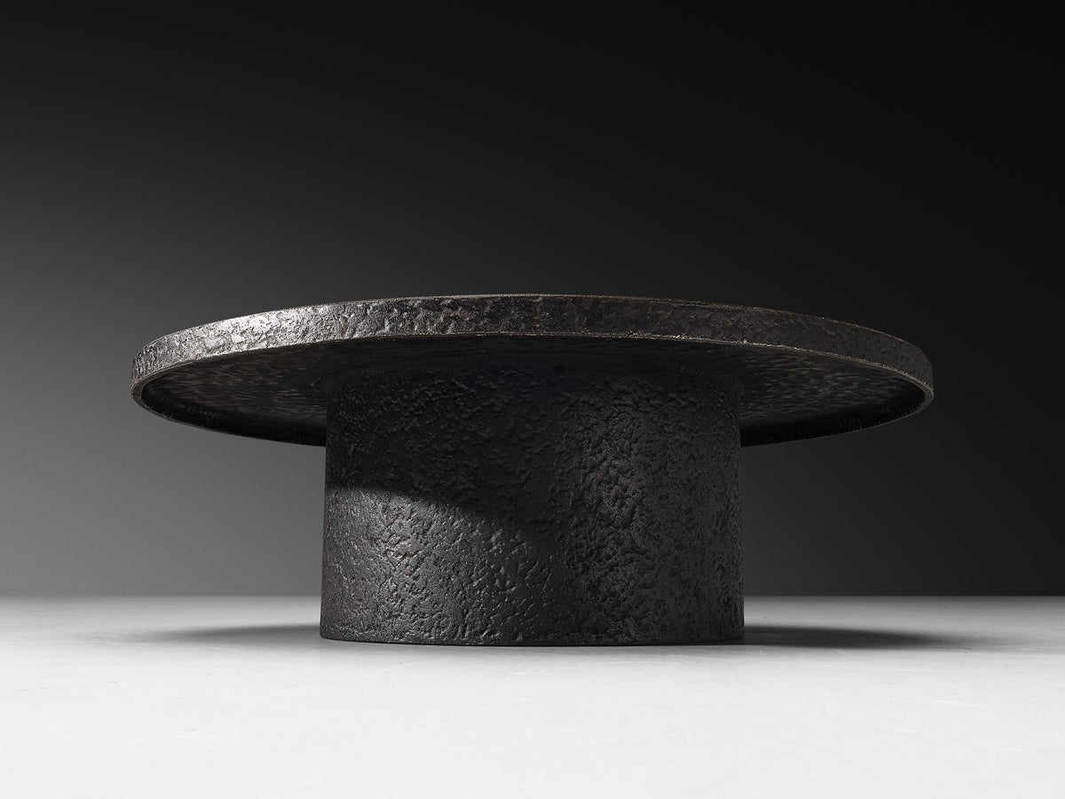 Brutalist Round Coffee Table in Black Stone Look Resin