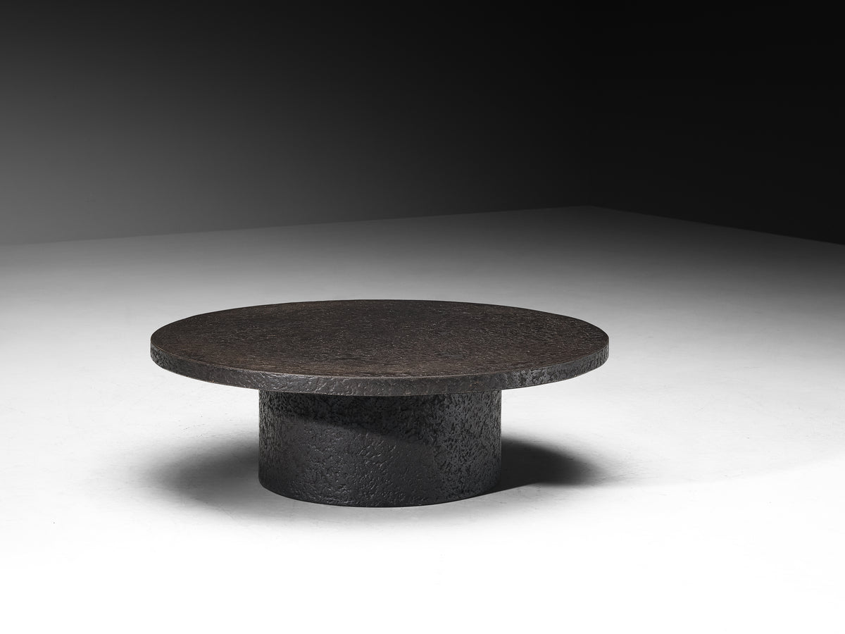 Brutalist Round Coffee Table in Black Stone Look Resin