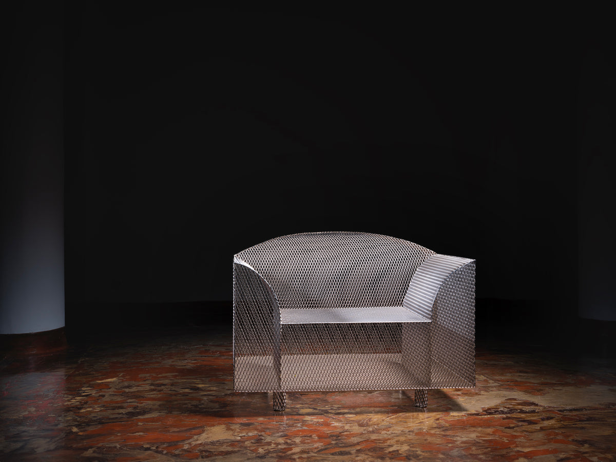 Shiro Kuramata 'How High the Moon' Lounge Chair in Nickel-Plated Steel Mesh Seating Morentz