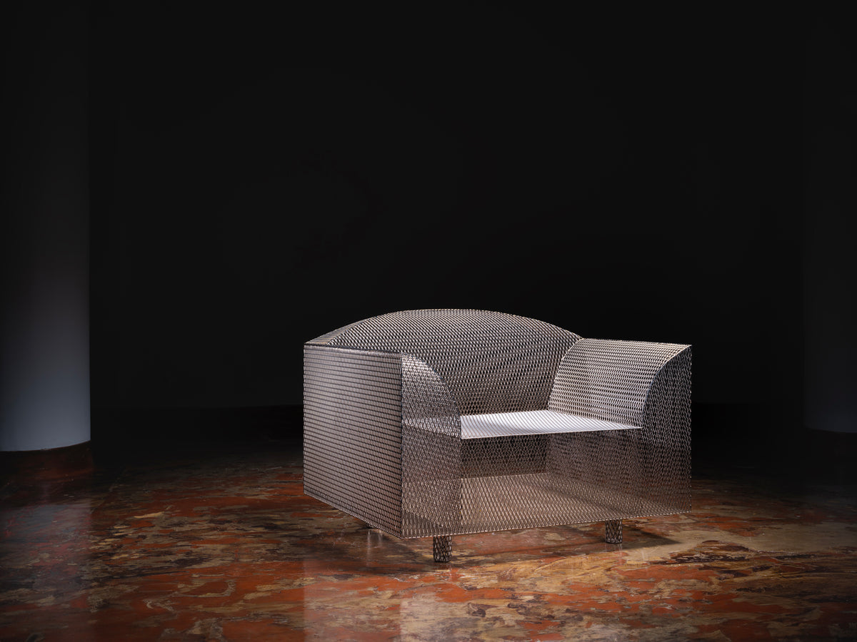 Shiro Kuramata 'How High the Moon' Lounge Chair in Nickel-Plated Steel Mesh Seating Morentz