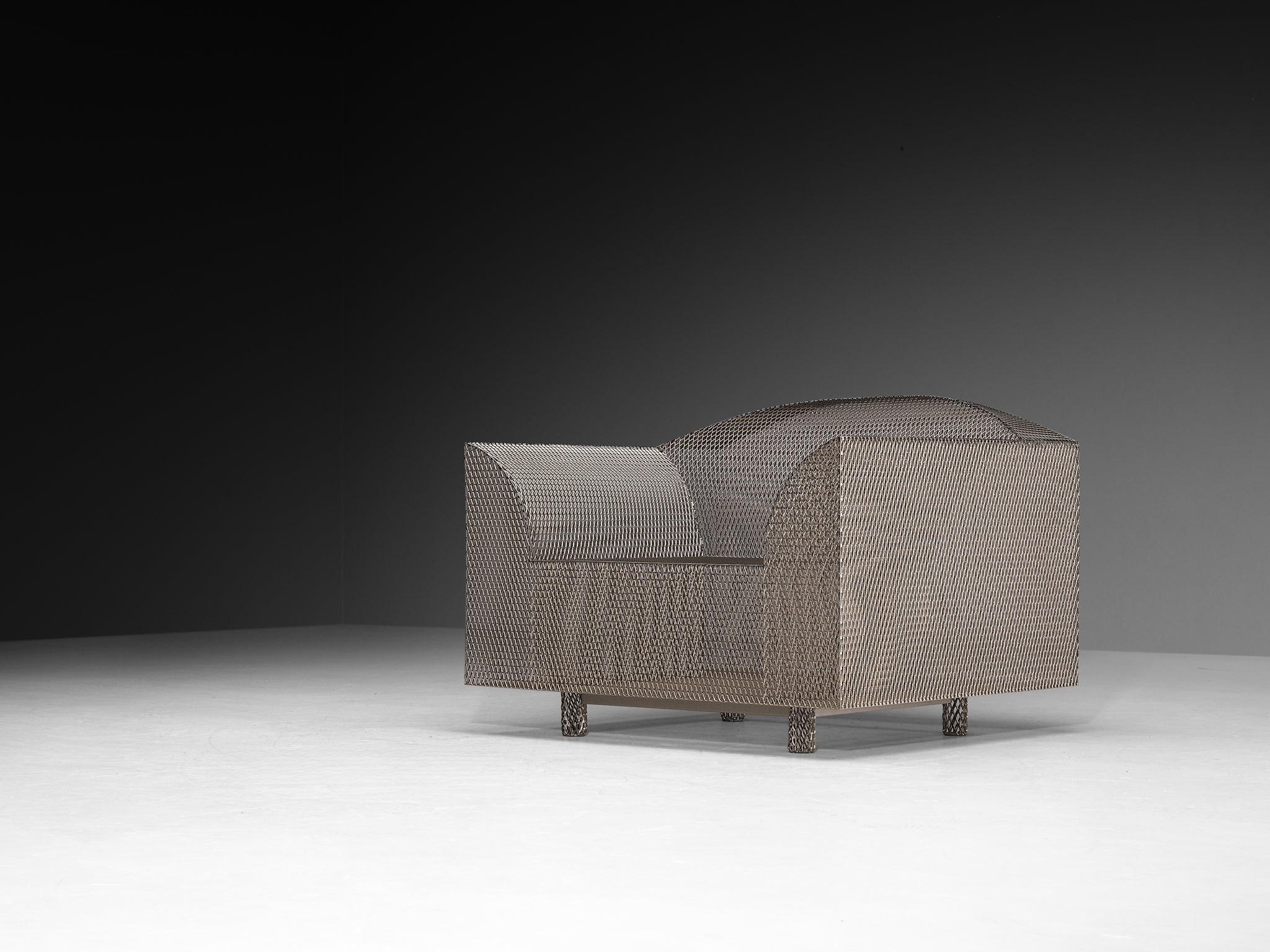 Shiro Kuramata 'How High the Moon' Lounge Chair in Nickel-plated Steel Mesh Seating Morentz