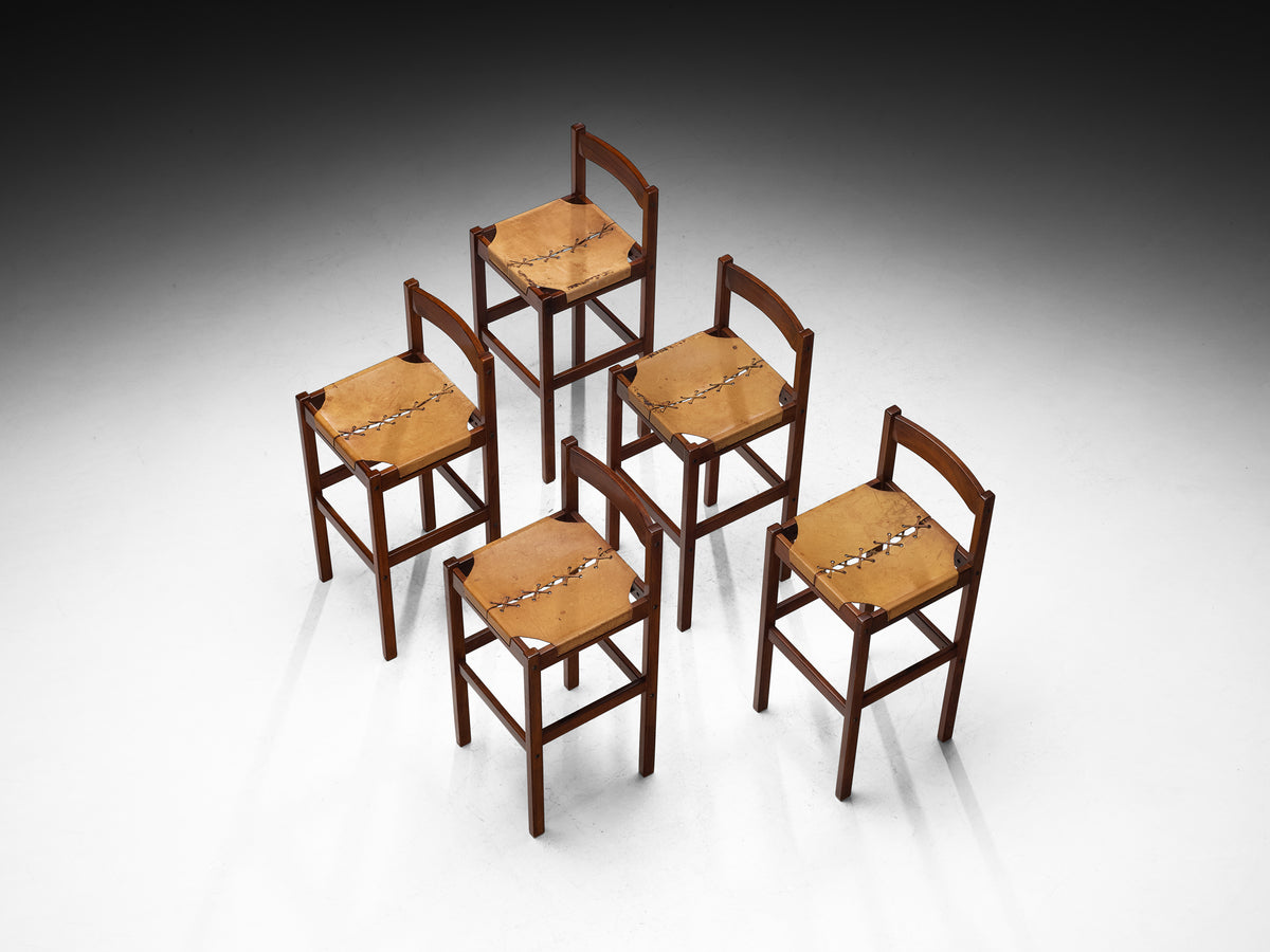 Brazilian Modern Bar Stools in Mahogany with Laced Leather Seats Seating Morentz
