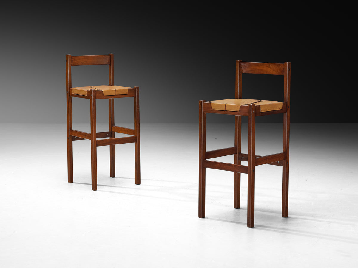 Brazilian Modern Bar Stools in Mahogany with Laced Leather Seats Seating Morentz