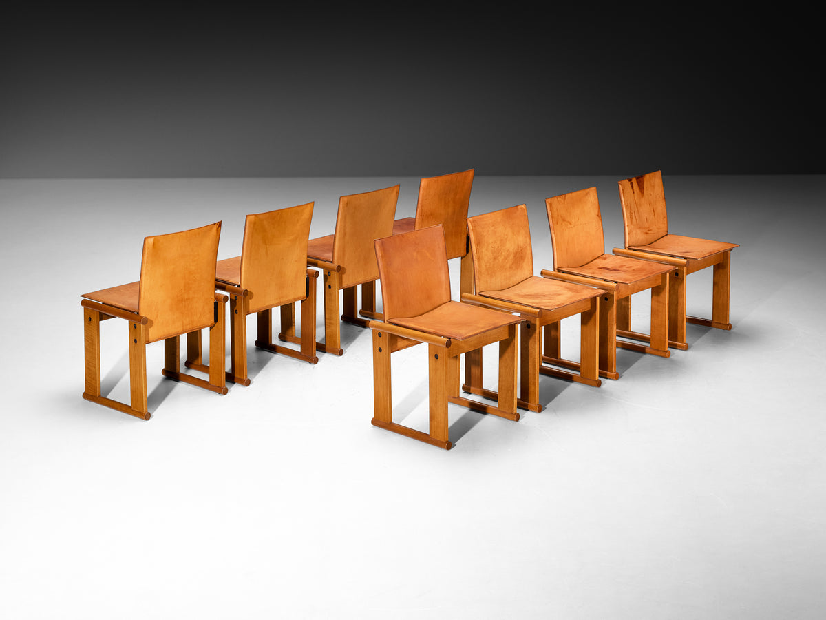 Afra & Tobia Scarpa Set of Eight Dining Chairs in Walnut and Cognac Saddle Leather Seating Morentz