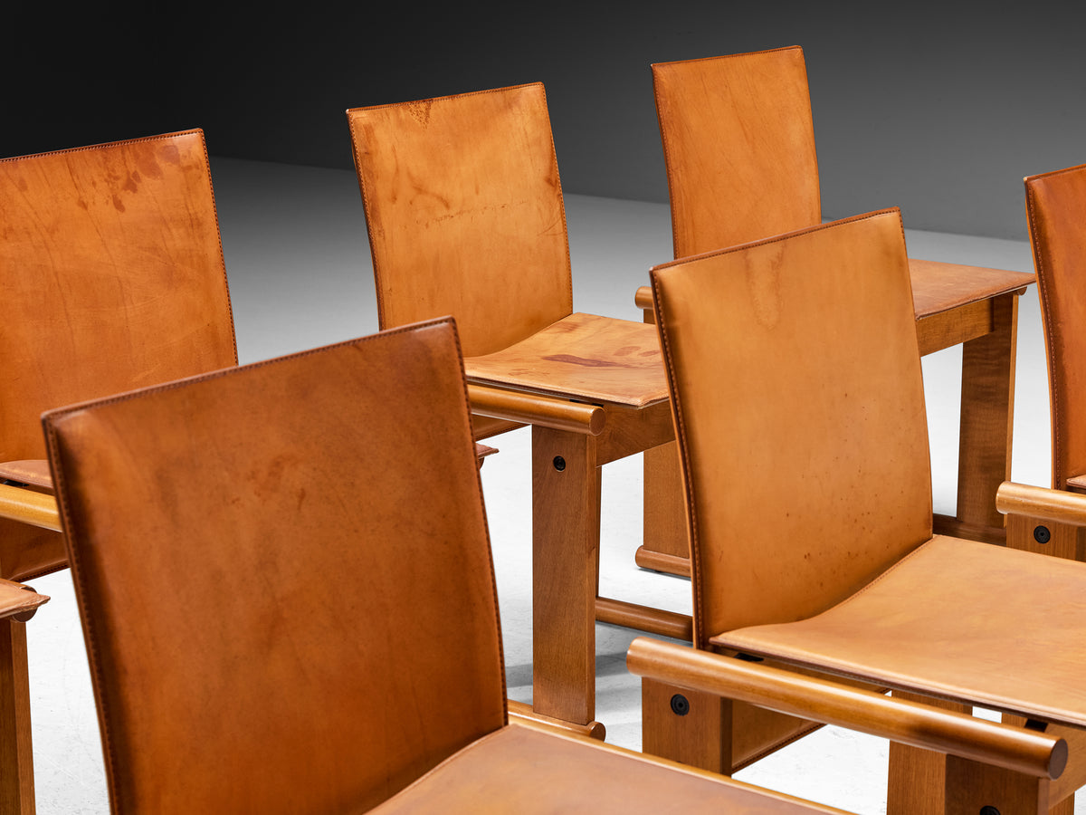 Afra & Tobia Scarpa Set of Eight Dining Chairs in Walnut and Cognac Saddle Leather Seating Morentz