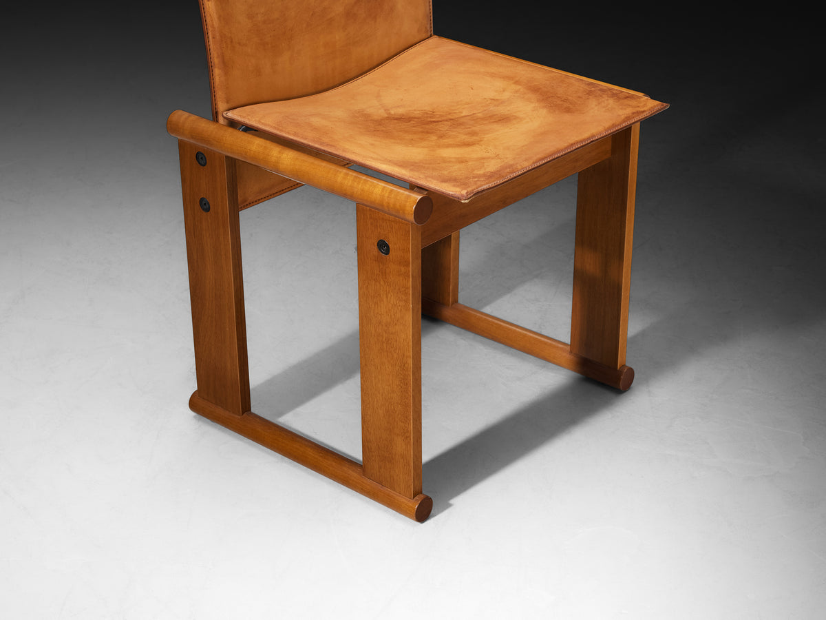 Afra & Tobia Scarpa Set of Eight Dining Chairs in Walnut and Cognac Saddle Leather Seating Morentz