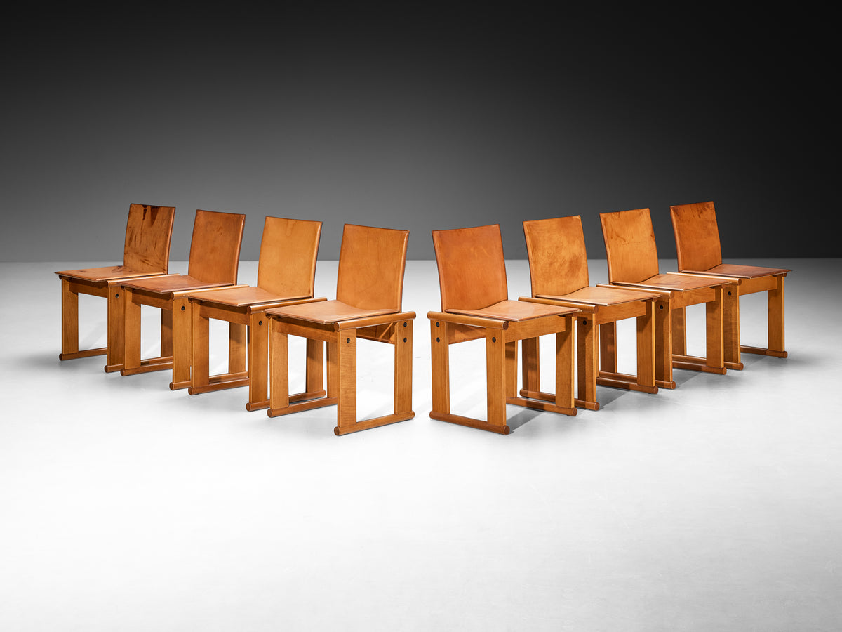 Afra & Tobia Scarpa Set of Eight Dining Chairs in Walnut and Cognac Saddle Leather Seating Morentz