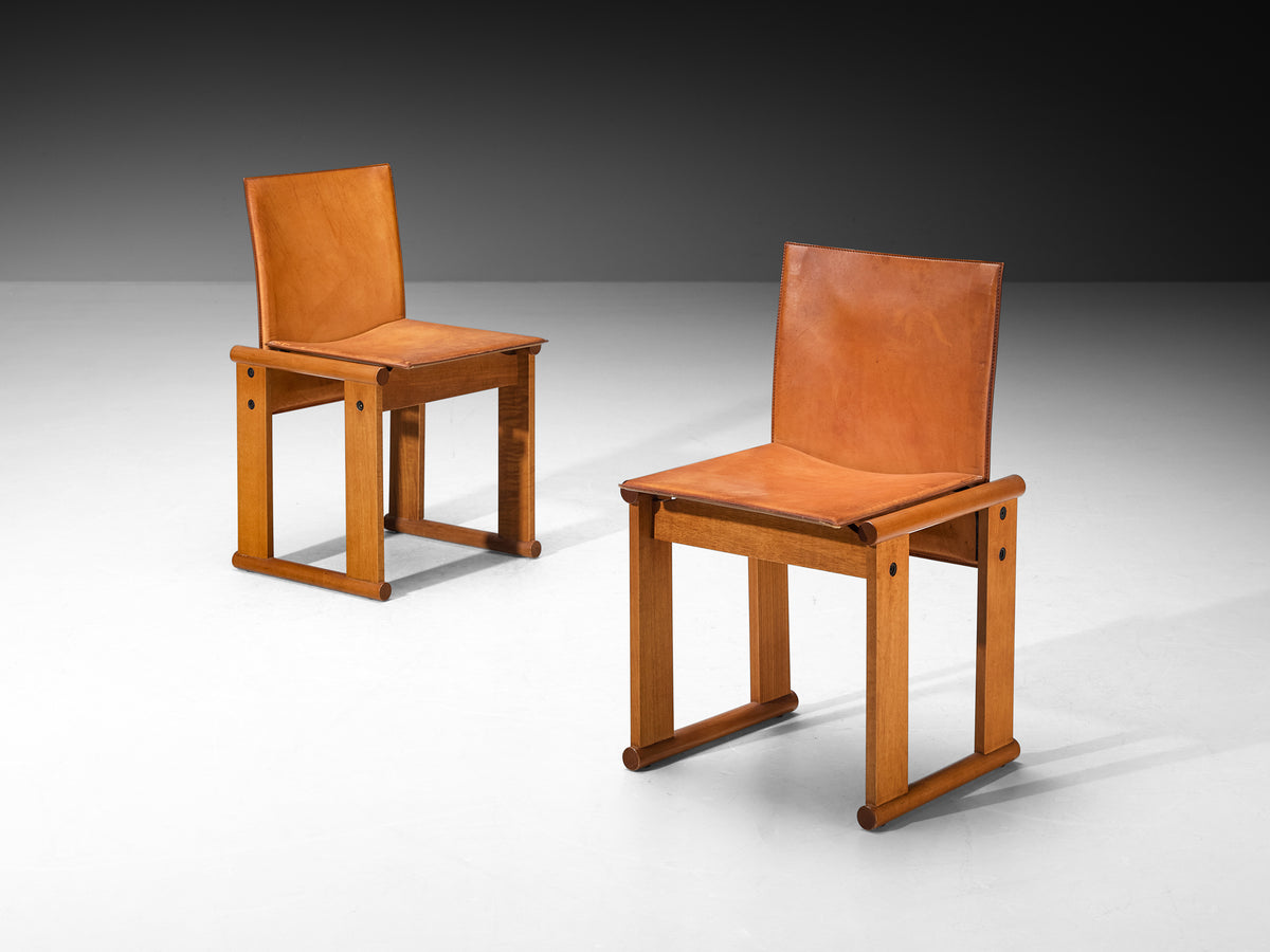 Afra & Tobia Scarpa Set of Eight Dining Chairs in Walnut and Cognac Saddle Leather Seating Morentz