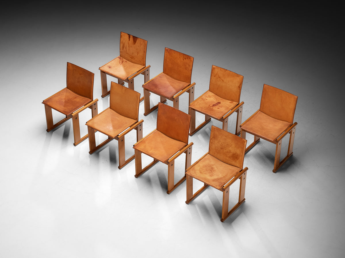 Afra & Tobia Scarpa Set of Eight Dining Chairs in Walnut and Cognac Saddle Leather Seating Morentz