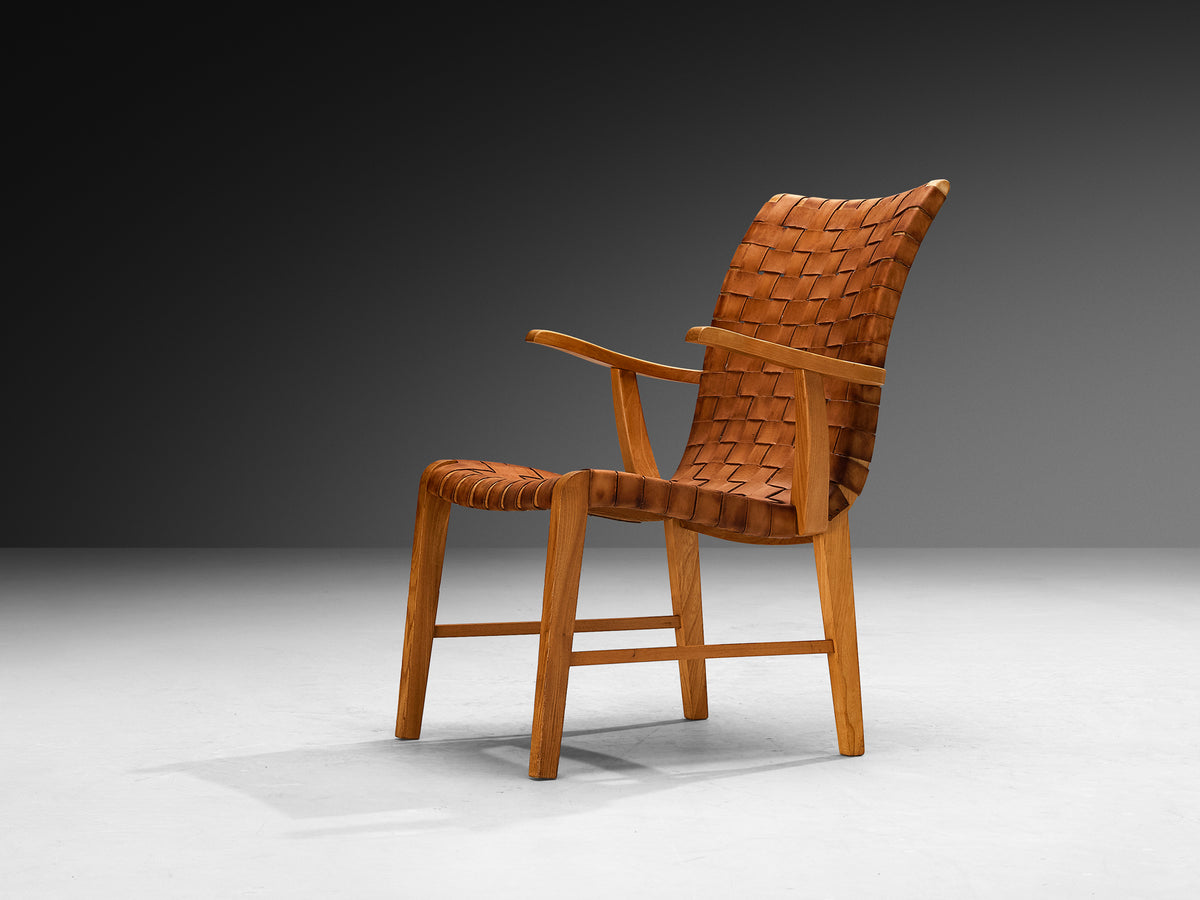 Rare 1930s Søren Willadsen Lounge Chair in Braided Patinated Cognac Leather, Elm Seating Morentz
