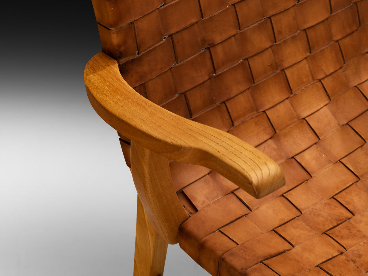 Rare 1930s Søren Willadsen Lounge Chair in Braided Patinated Cognac Leather, Elm Seating Morentz