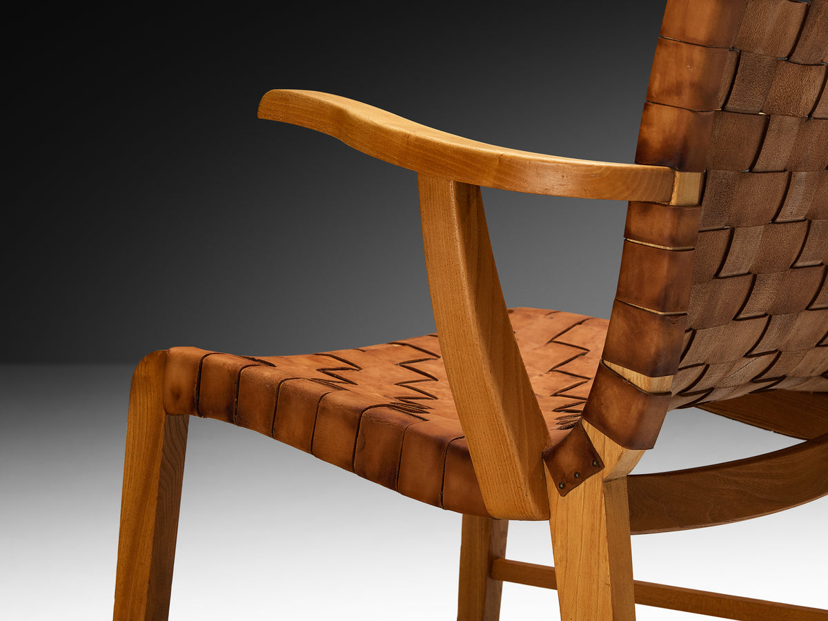 Rare 1930s Søren Willadsen Lounge Chair in Braided Patinated Cognac Leather, Elm Seating Morentz