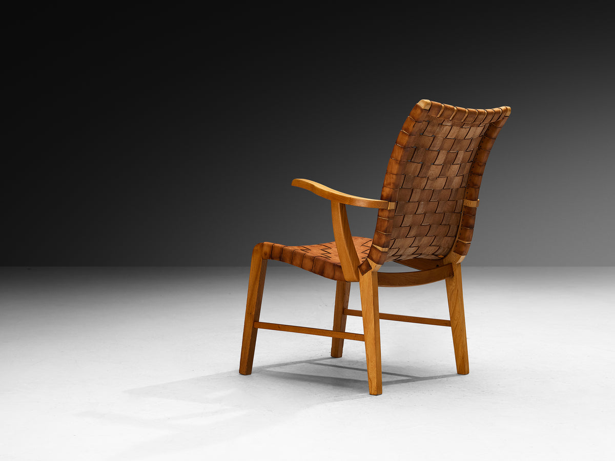 Rare 1930s Søren Willadsen Lounge Chair in Braided Patinated Cognac Leather, Elm Seating Morentz