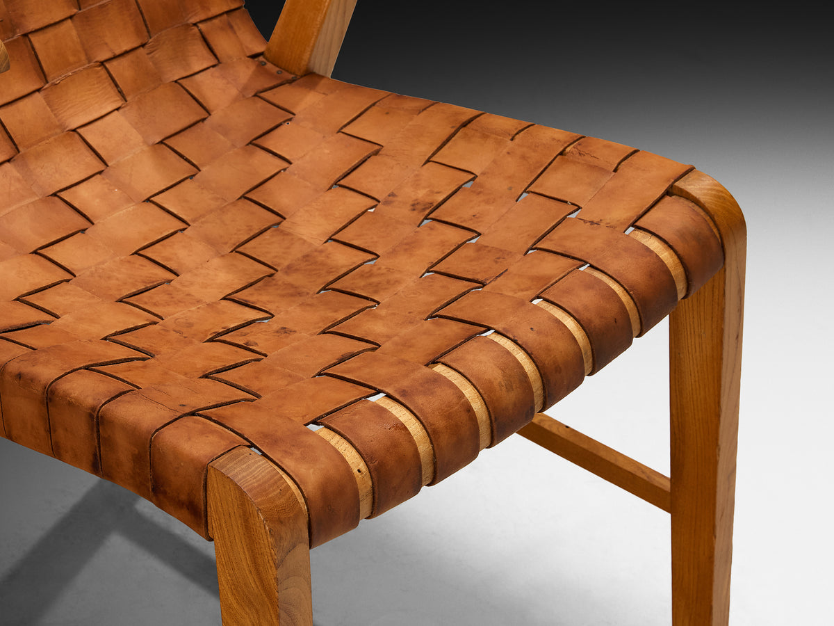 Rare 1930s Søren Willadsen Lounge Chair in Braided Patinated Cognac Leather, Elm Seating Morentz