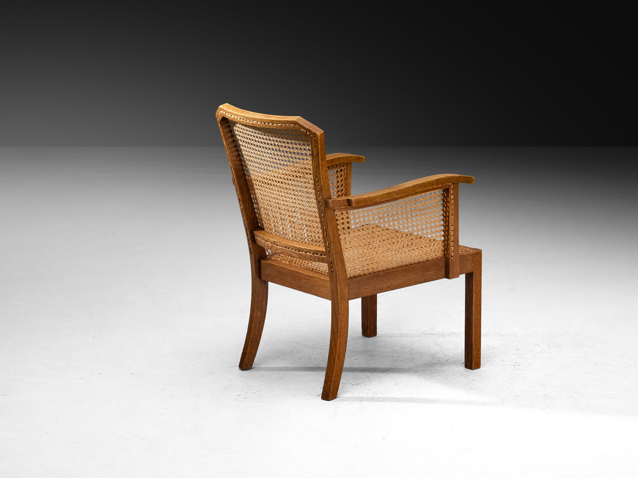 Mid-Century Armchair in Solid Oak and Cane Webbing Seating Morentz