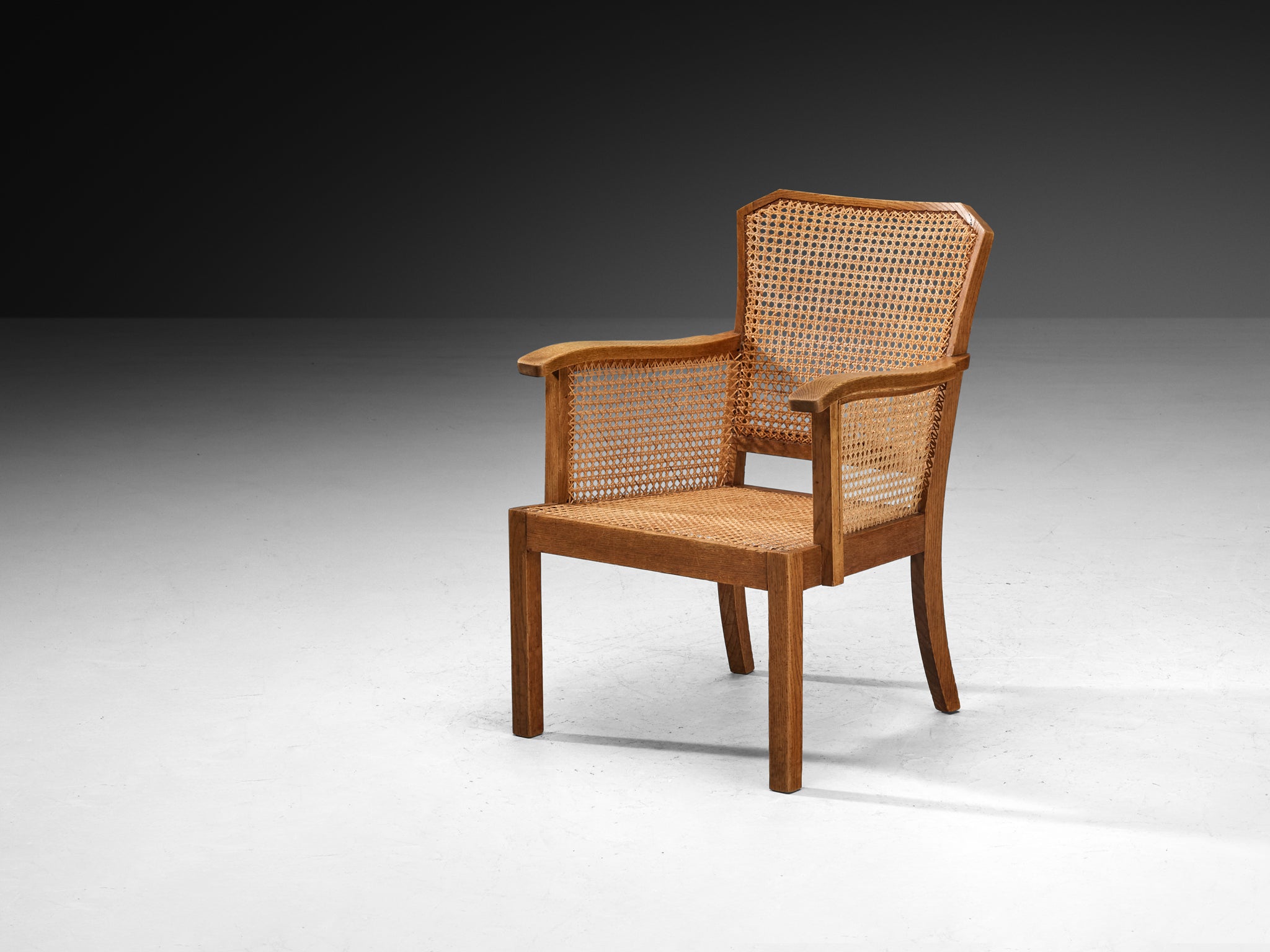 Mid-Century Armchair in Solid Oak and Cane Webbing Seating Morentz