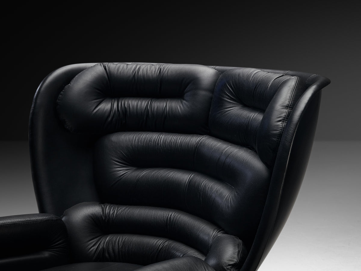 Joe Colombo 'Elda' Swivel Lounge Chair in Black Leather and Fiberglass Seating Morentz