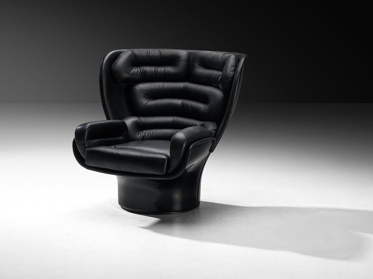 Joe Colombo 'Elda' Swivel Lounge Chair in Black Leather and Fiberglass Seating Morentz