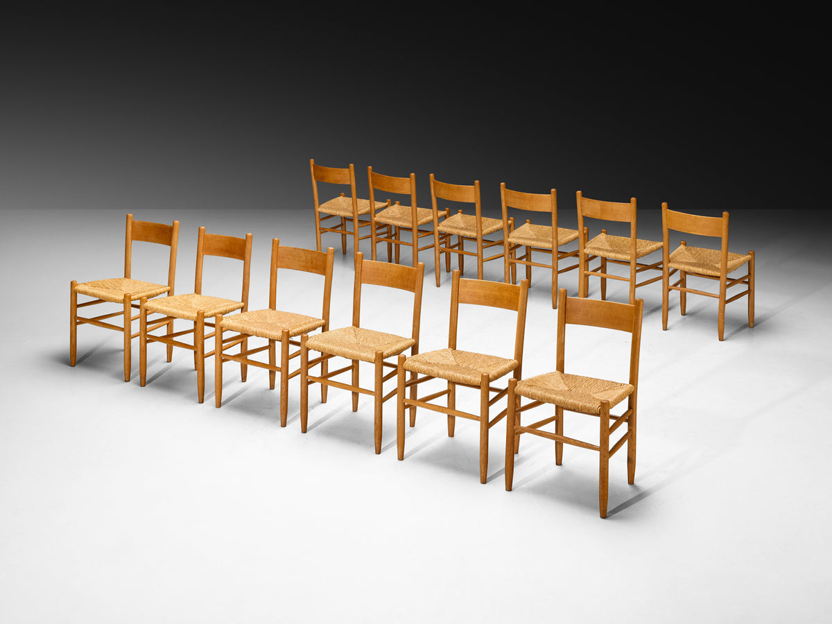 Set of Twelve Elegant Rustic Mid-Century Modern Dining Chairs in Oak and Rush Seating Morentz