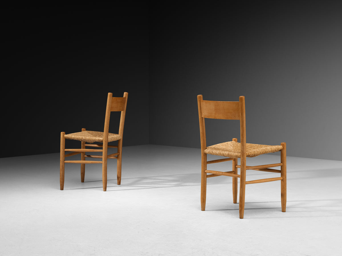 Set of Twelve Elegant Rustic Mid-Century Modern Dining Chairs in Oak and Rush Seating Morentz