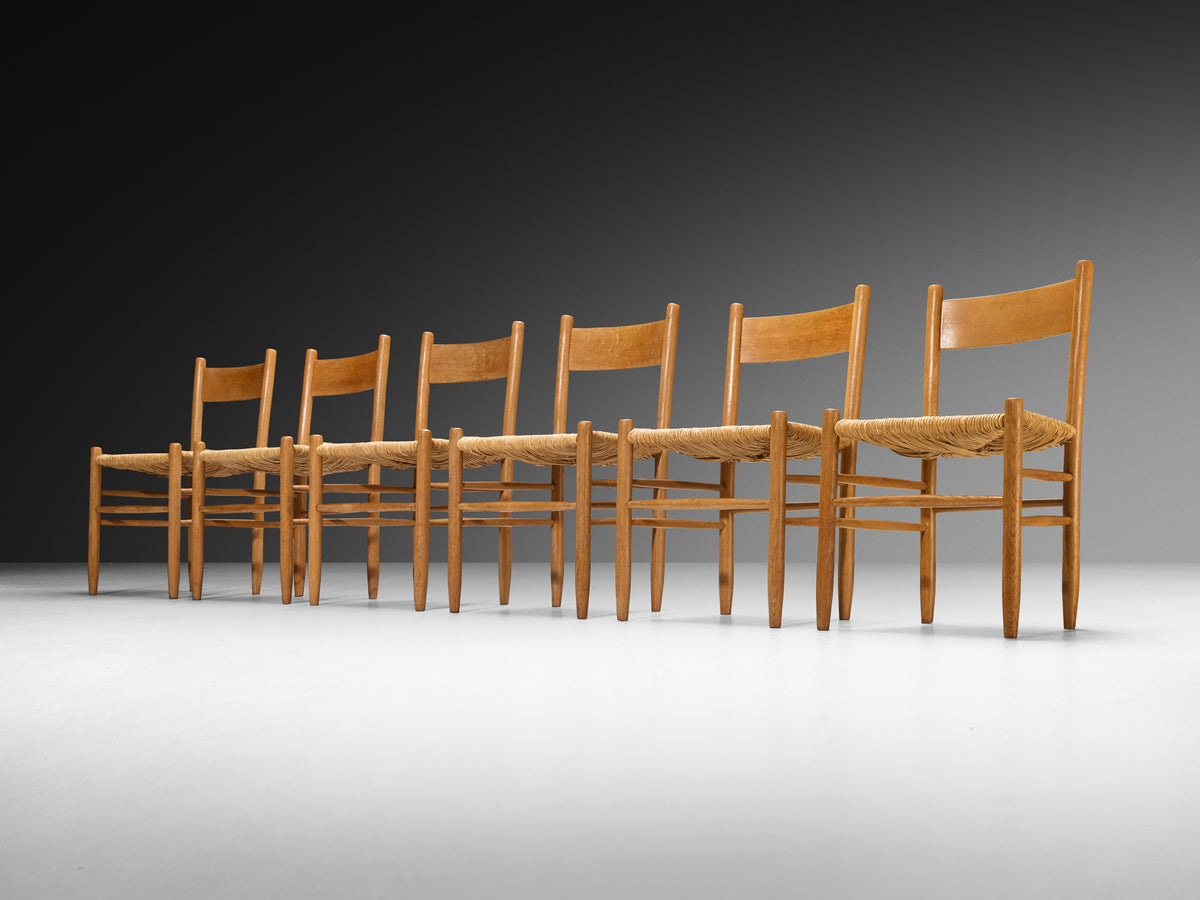 Set of Twelve Elegant Rustic Mid-Century Modern Dining Chairs in Oak and Rush Seating Morentz