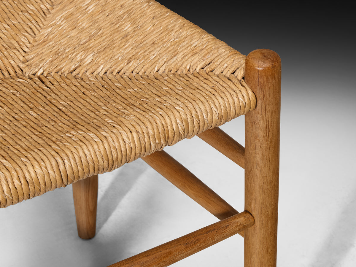 Set of Twelve Elegant Rustic Mid-Century Modern Dining Chairs in Oak and Rush Seating Morentz