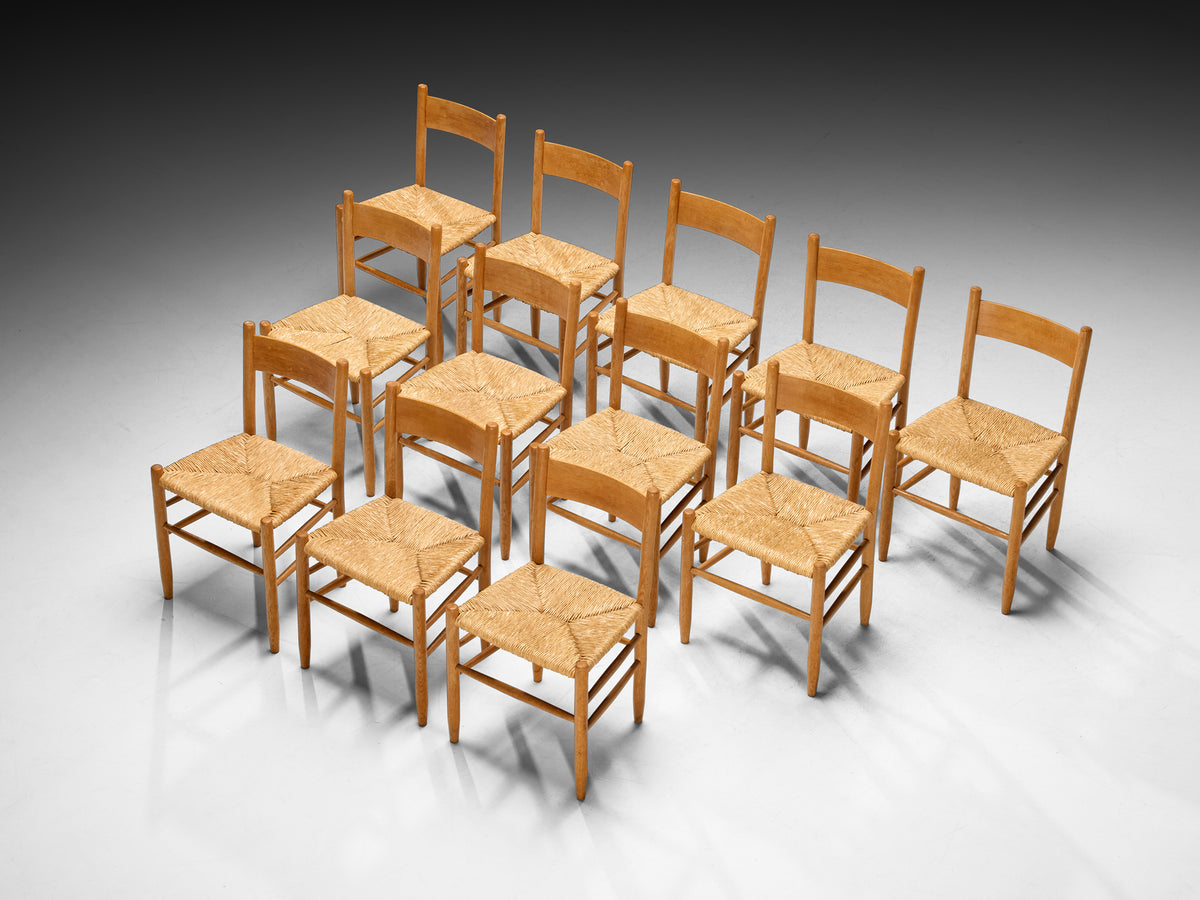 Set of Twelve Elegant Rustic Mid-Century Modern Dining Chairs in Oak and Rush Seating Morentz