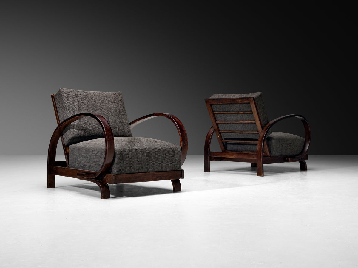 Pair of Art Deco Lounge Chairs with Sculptural Wooden Curved Armrests Seating Morentz