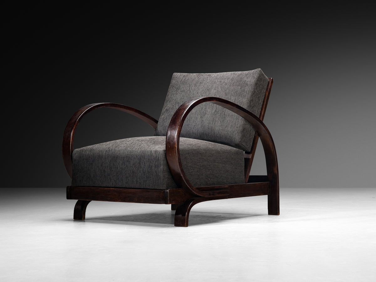Pair of Art Deco Lounge Chairs with Sculptural Wooden Curved Armrests Seating Morentz