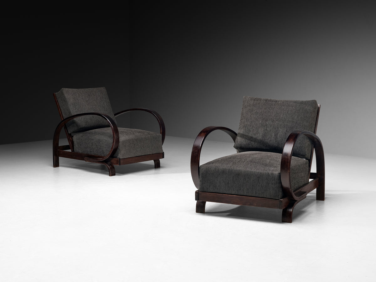 Pair of Art Deco Lounge Chairs with Sculptural Wooden Curved Armrests Seating Morentz