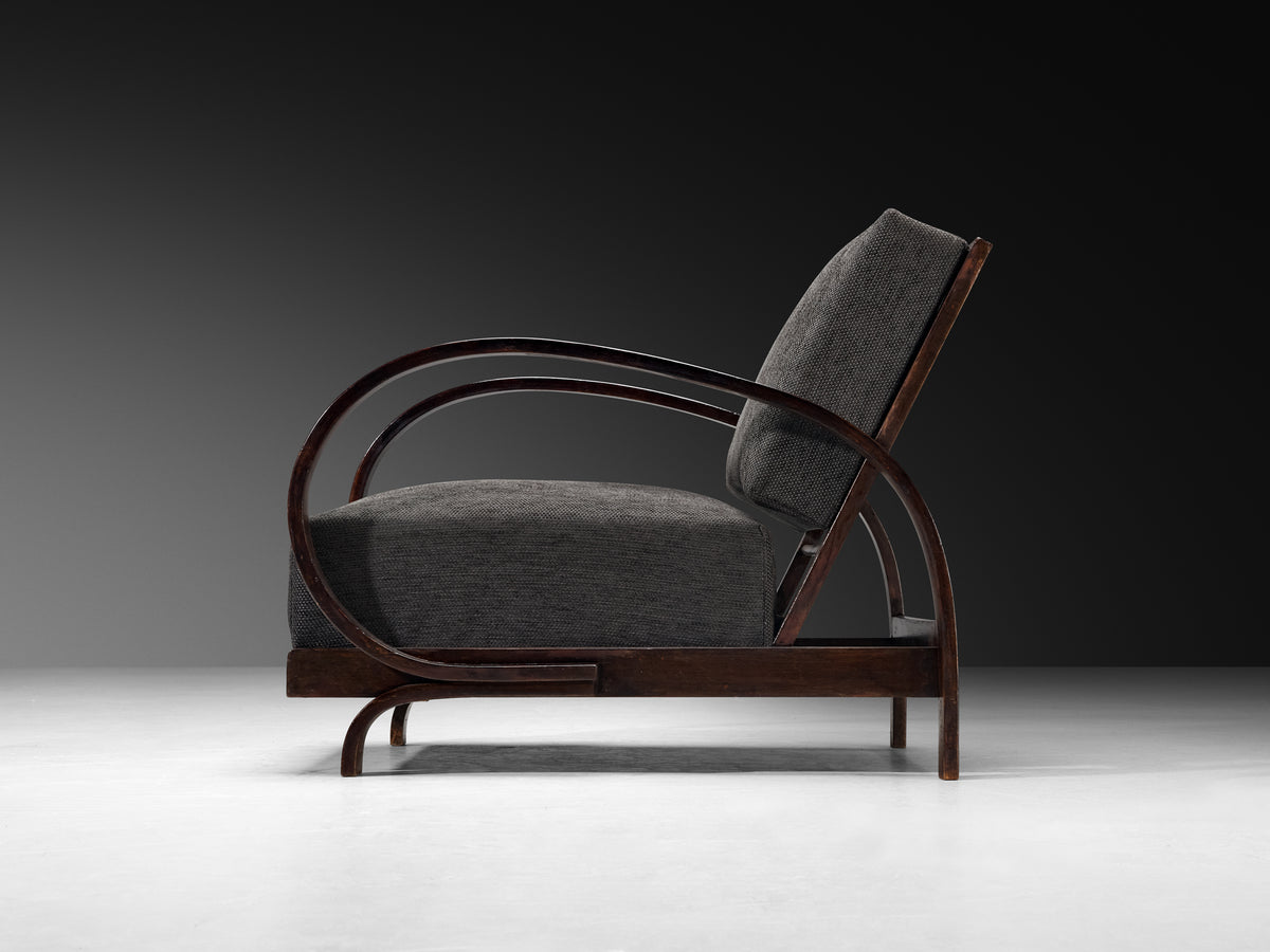 Pair of Art Deco Lounge Chairs with Sculptural Wooden Curved Armrests Seating Morentz