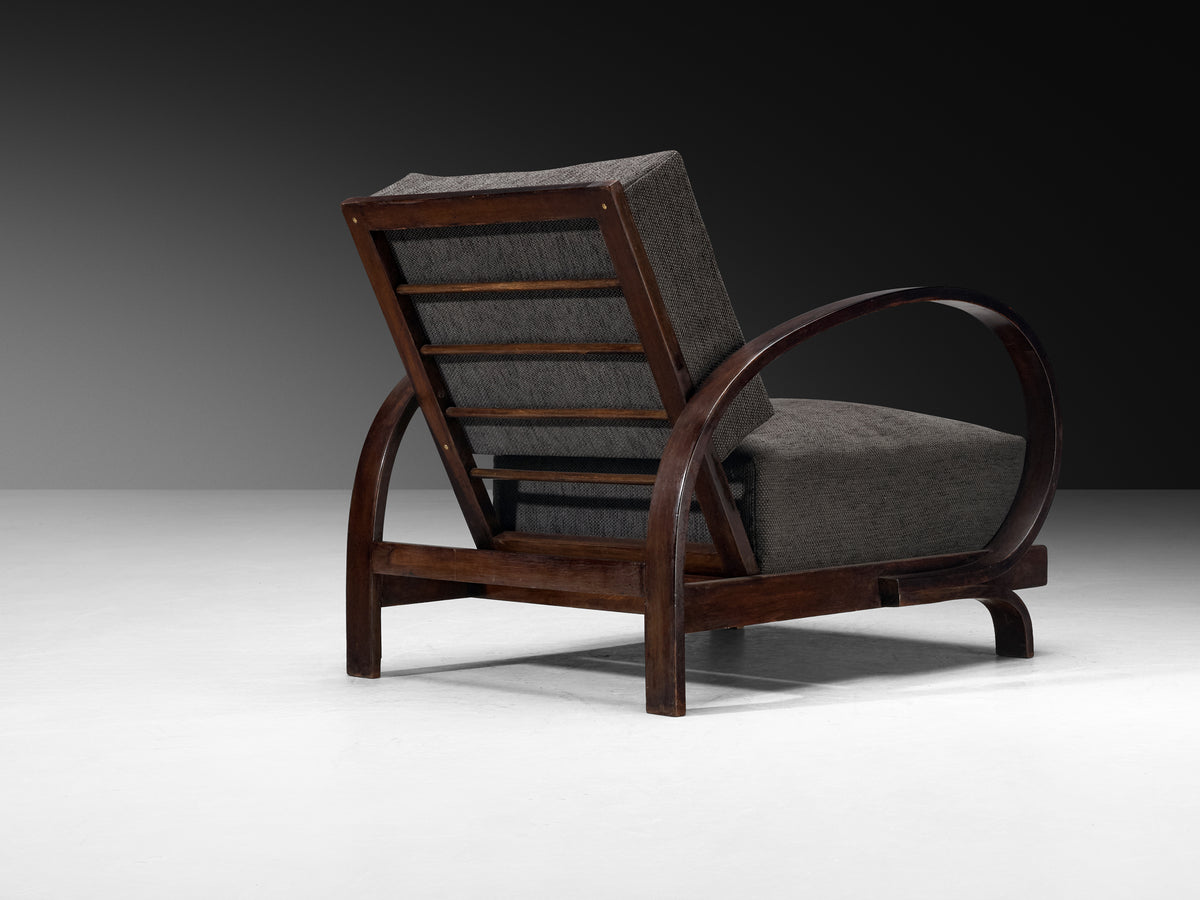 Pair of Art Deco Lounge Chairs with Sculptural Wooden Curved Armrests Seating Morentz