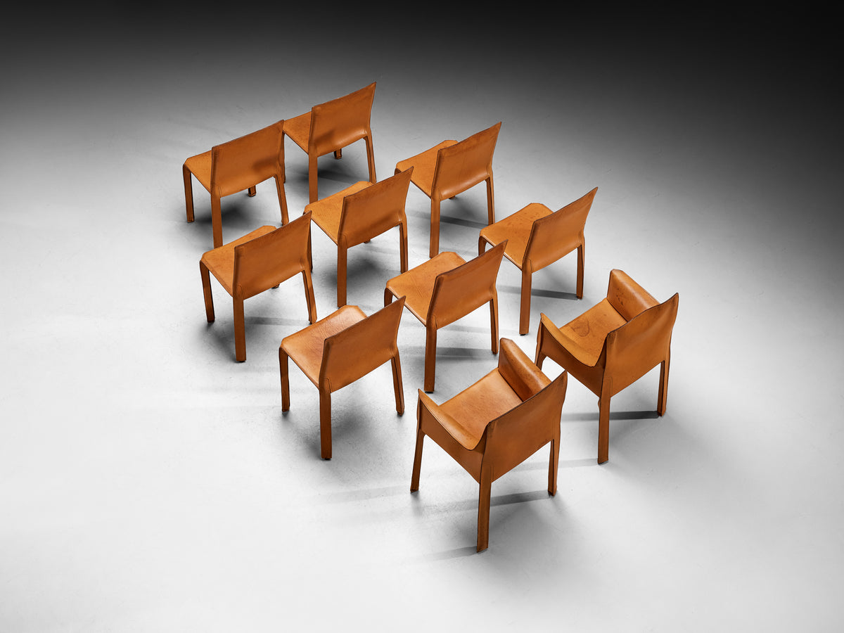 Mario Bellini for Cassina Set of Ten ‘CAB 412’ and ‘CAB 413’ Chairs in Cognac Leather Seating Morentz