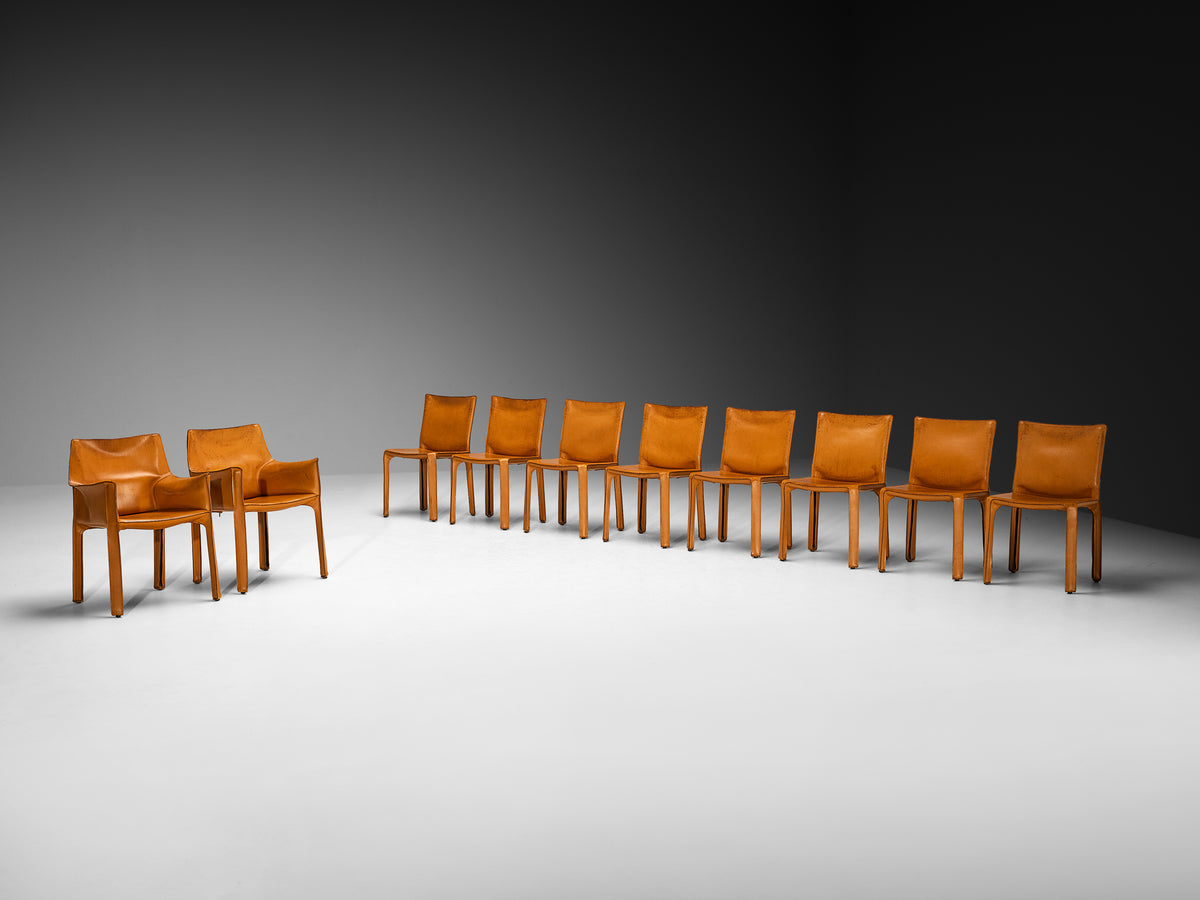 Mario Bellini for Cassina Set of Ten ‘CAB 412’ and ‘CAB 413’ Chairs in Cognac Leather Seating Morentz