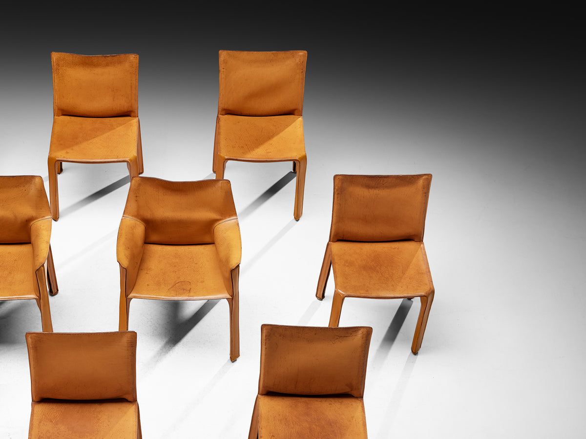Mario Bellini for Cassina Set of Ten ‘CAB 412’ and ‘CAB 413’ Chairs in Cognac Leather Seating Morentz