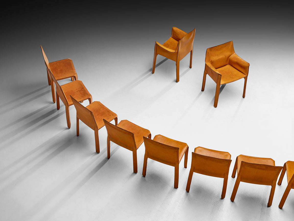 Mario Bellini for Cassina Set of Ten ‘CAB 412’ and ‘CAB 413’ Chairs in Cognac Leather Seating Morentz