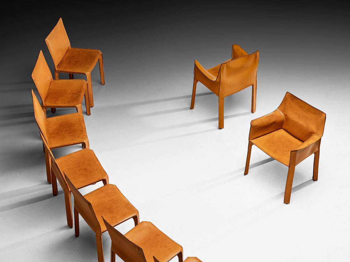 Mario Bellini for Cassina Set of Ten ‘CAB 412’ and ‘CAB 413’ Chairs in Cognac Leather Seating Morentz