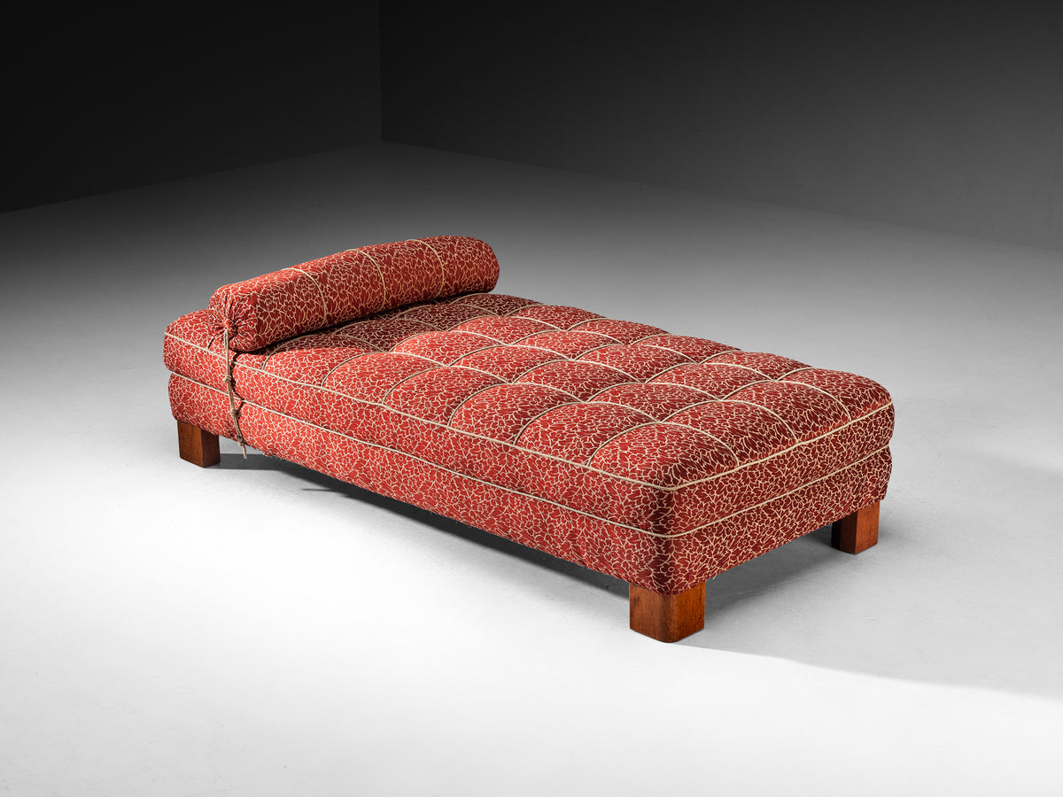 Art Deco Daybed in Patterned Red and White Fabric and Oak Base Seating Morentz