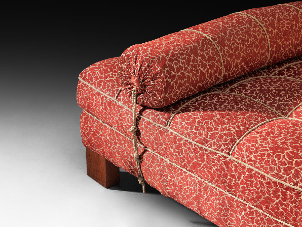 Art Deco Daybed in Patterned Red and White Fabric and Oak Base Seating Morentz