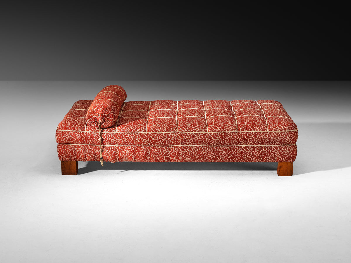 Art Deco Daybed in Patterned Red and White Fabric and Oak Base Seating Morentz