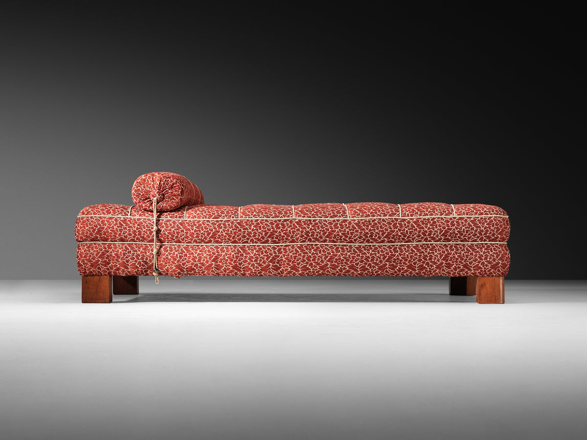 Art Deco Daybed in Patterned Red and White Fabric and Oak Base Seating Morentz
