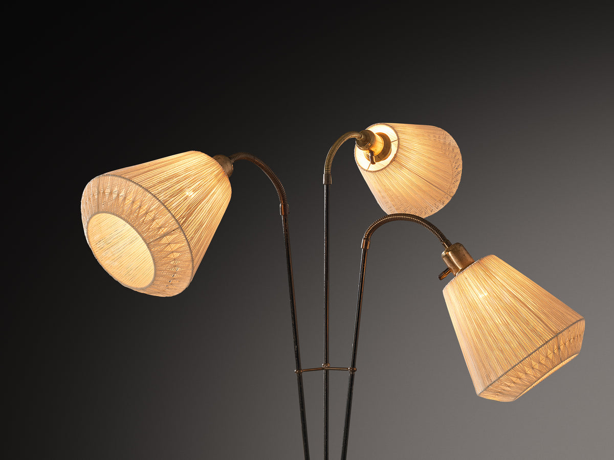 Swedish Modern Floor Lamp in Brass and Steel with Fabric Shades