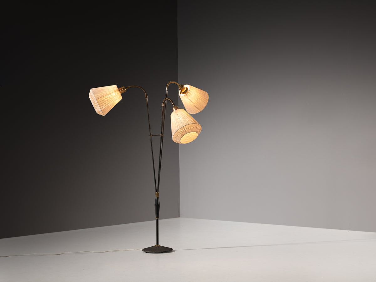 Swedish Modern Floor Lamp in Brass and Steel with Fabric Shades