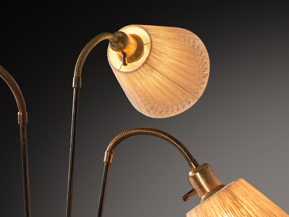 Swedish Modern Floor Lamp in Brass and Steel with Fabric Shades