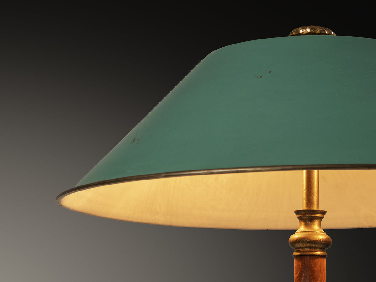 Scandinavian Modern Table Lamp in Brass and Beech with Green Aluminum Shade Lighting Morentz