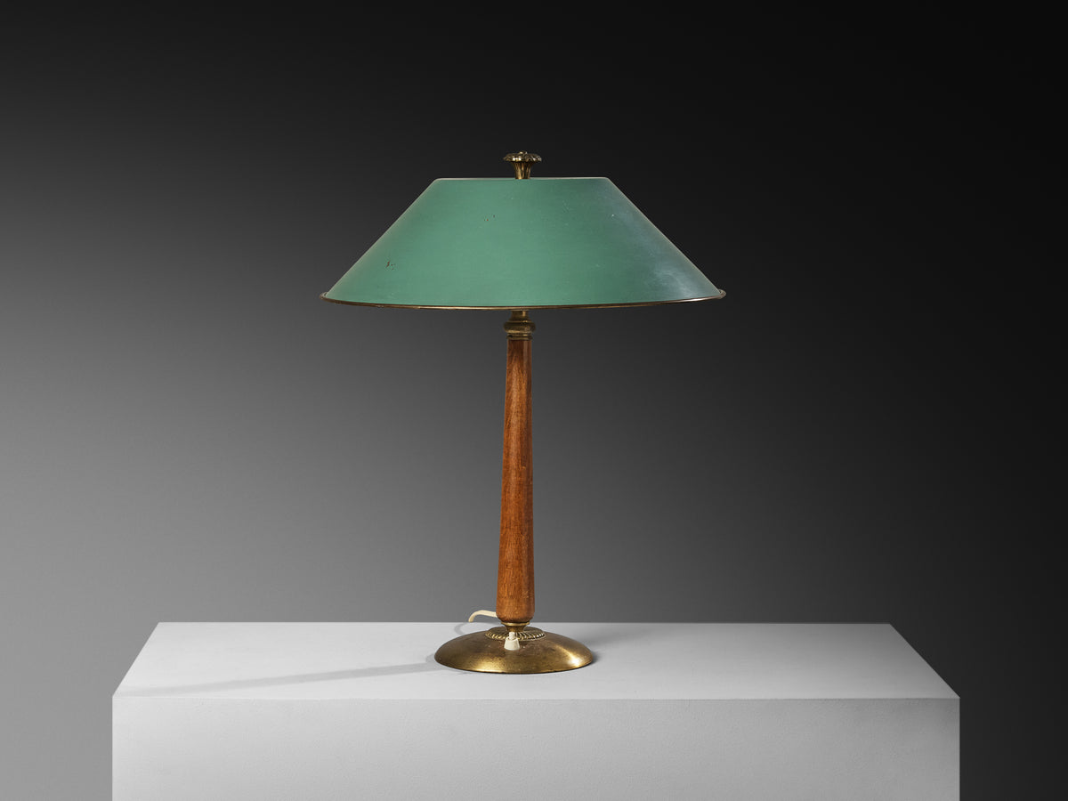 Scandinavian Modern Table Lamp in Brass and Beech with Green Aluminum Shade Lighting Morentz
