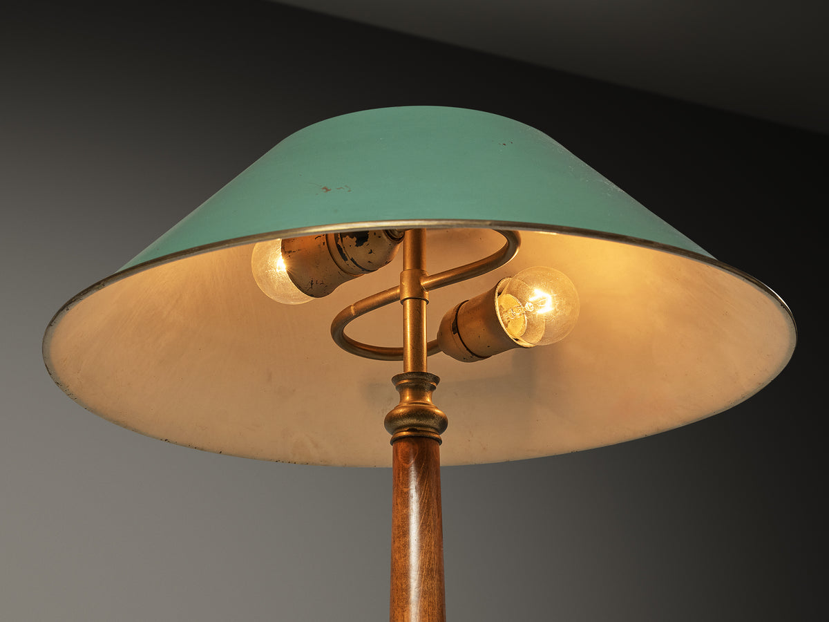 Scandinavian Modern Table Lamp in Brass and Beech with Green Aluminum Shade Lighting Morentz