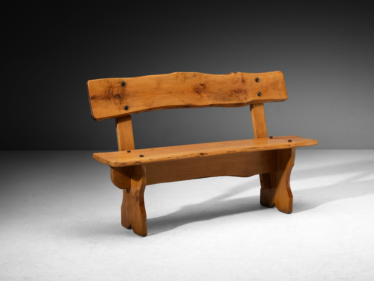 Rustic Modern Wooden Bench with Organic Backrest and Sculpted Legs Seating Morentz