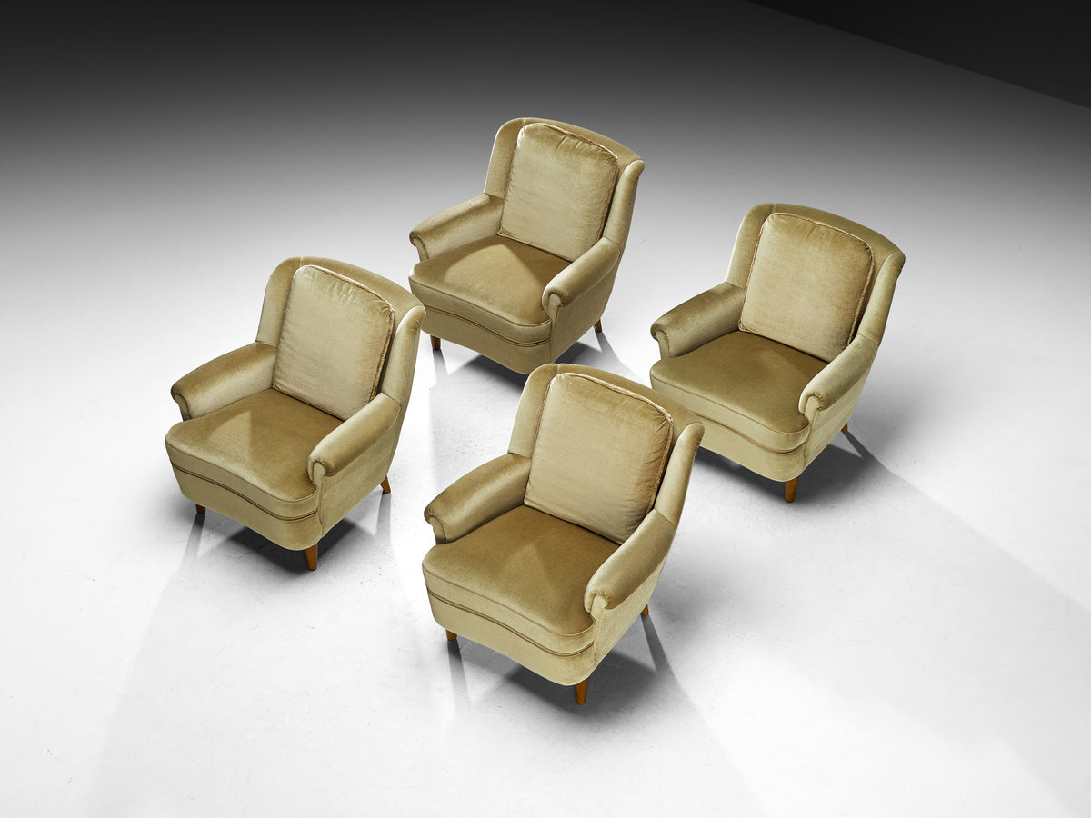 Mid-Century Modern Lounge Chairs in Muted Golden Velvet Seating Morentz