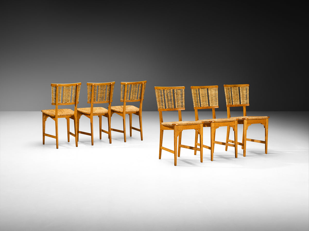 Mart Stam for Pastoe Set of Six Dining Chairs in Oak and Rush Seating Morentz